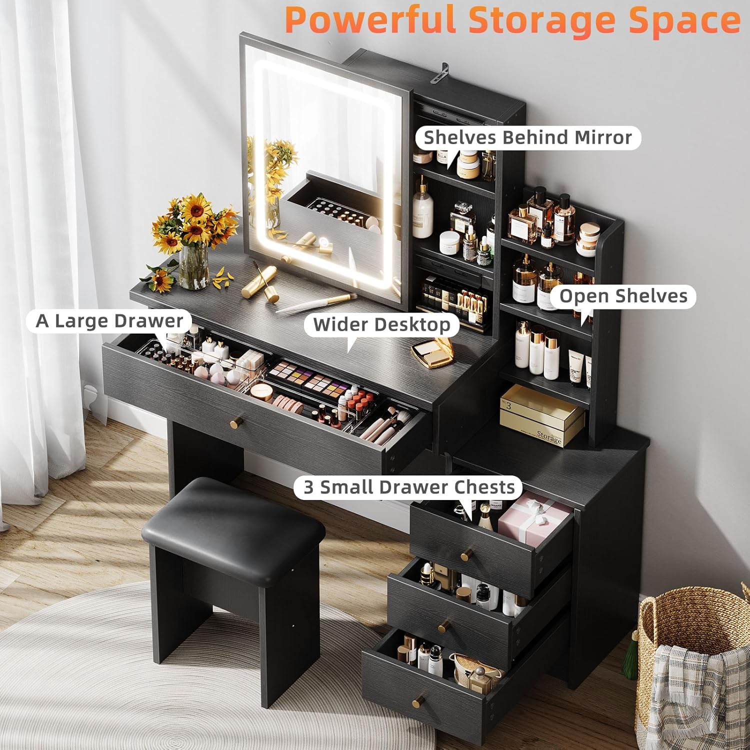 Memobarco Vanity Desk with Mirror and Lights, Makeup Vanity with 3 Adjustable Lighting Modes, Small Vanity Desk with Sliding Mirror, 4 Drawers, 7 Shelves, Vanity Chair for Bedroom, Black