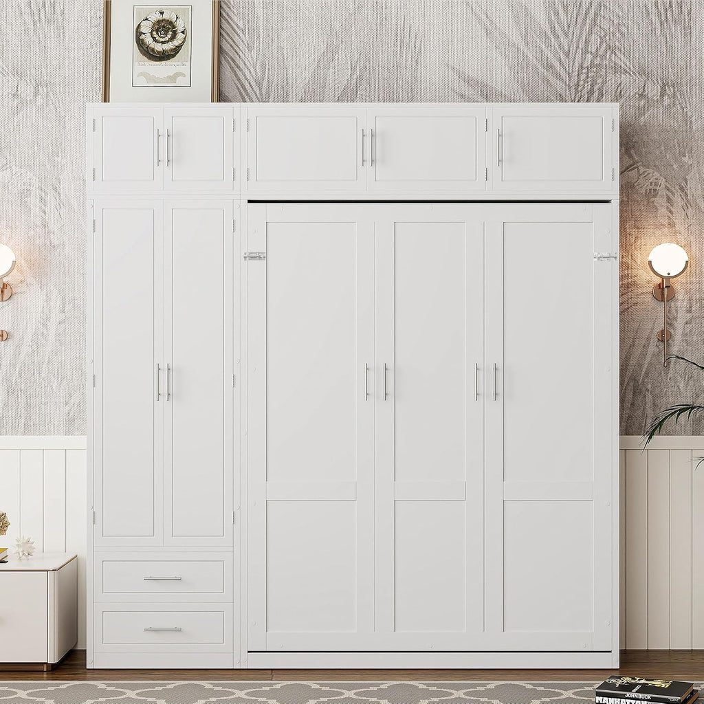 Merax Queen Size Murphy Bed with Shelves, Top Cabinet and Wardrobe, Fold into The Wall, Space-Saving Design Foldable Platform Bed Frame for Bedroom, Guest Room, Home Office, White