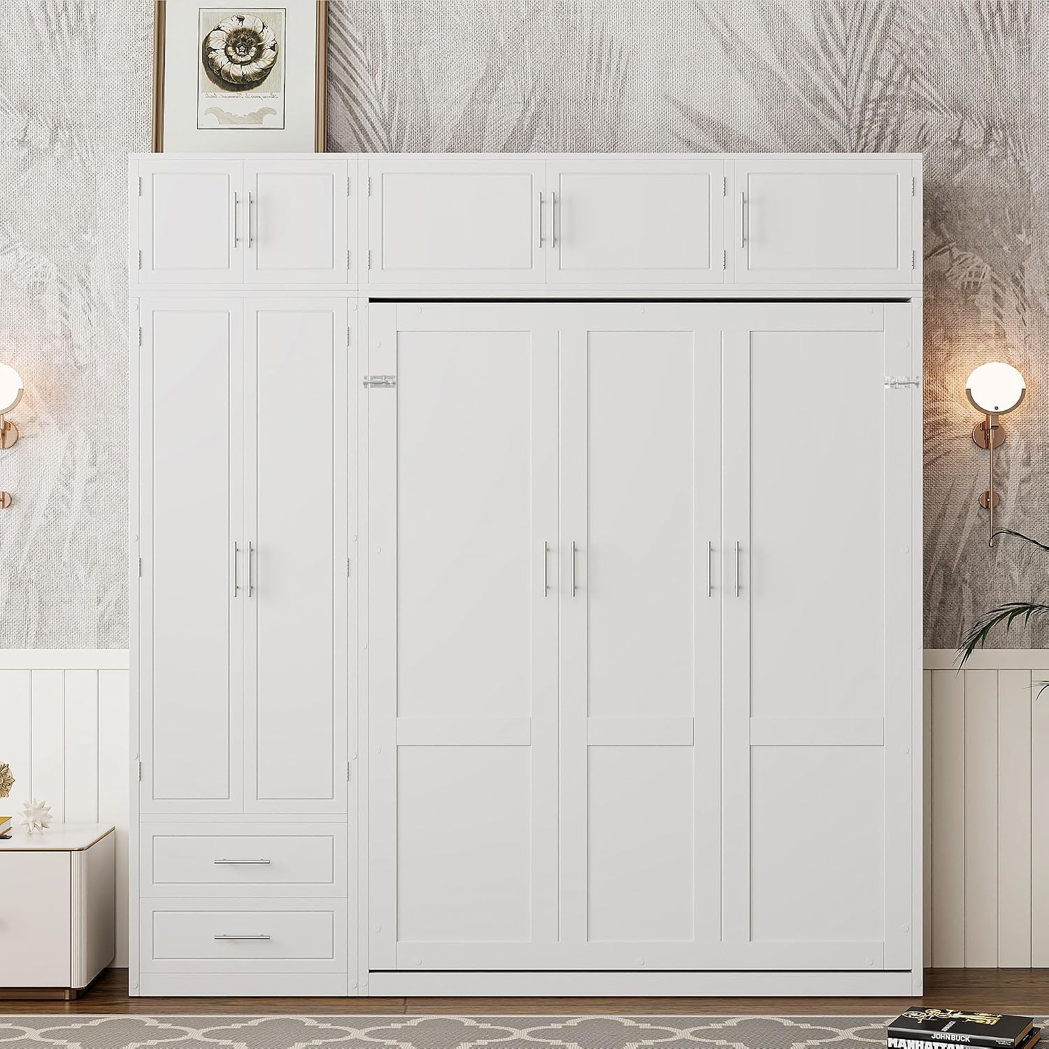 Merax Queen Size Murphy Bed with Shelves, Top Cabinet and Wardrobe, Fold into The Wall, Space-Saving Design Foldable Platform Bed Frame for Bedroom, Guest Room, Home Office, White