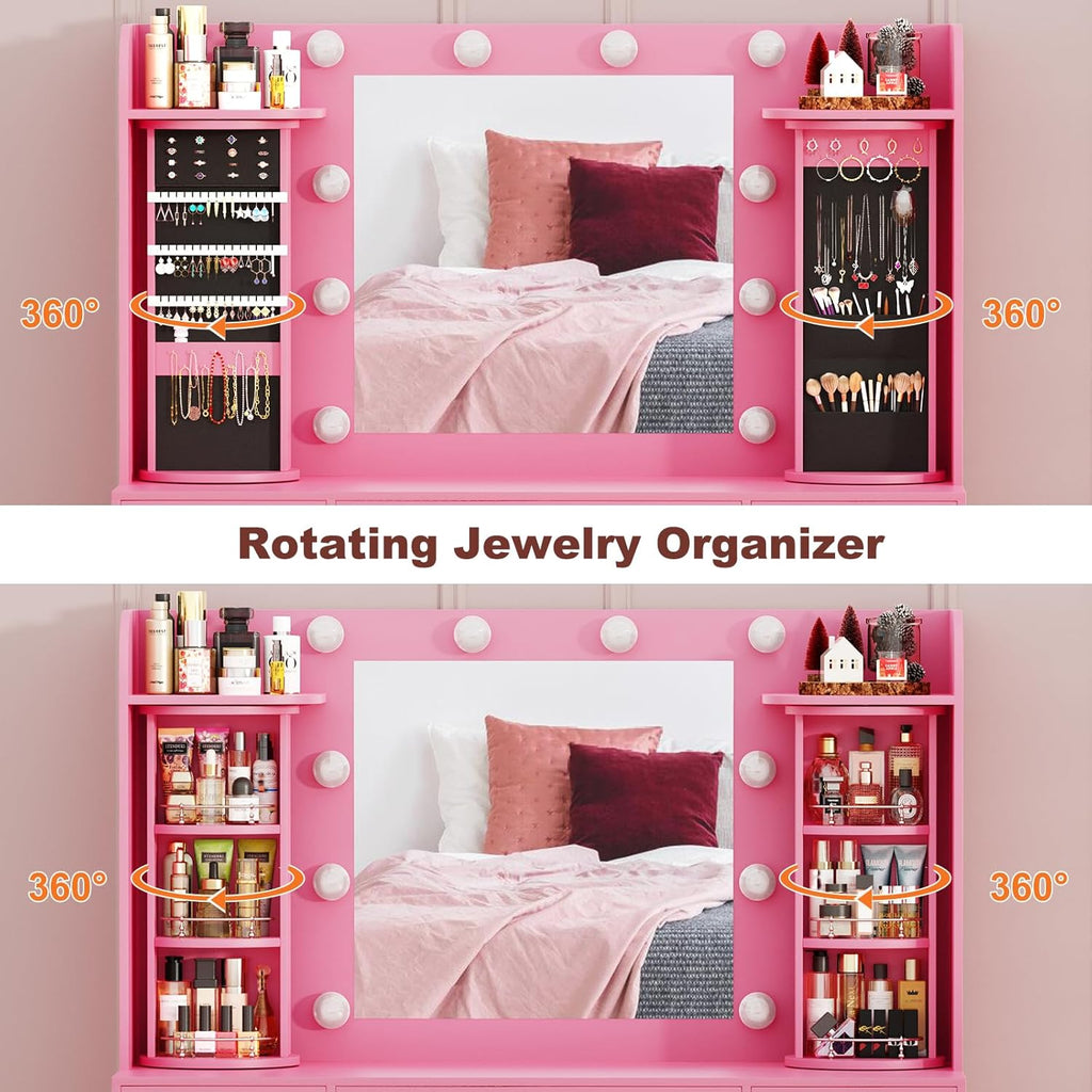 EasyCom Makeup Vanity Desk with Mirror and Lights, Vanity with Rotating Jewelry Organizers, Dressing Table with USB-C Charging Station, 3 Drawers and 2 Cabinets for Bedroom, Dressing Room, Pink