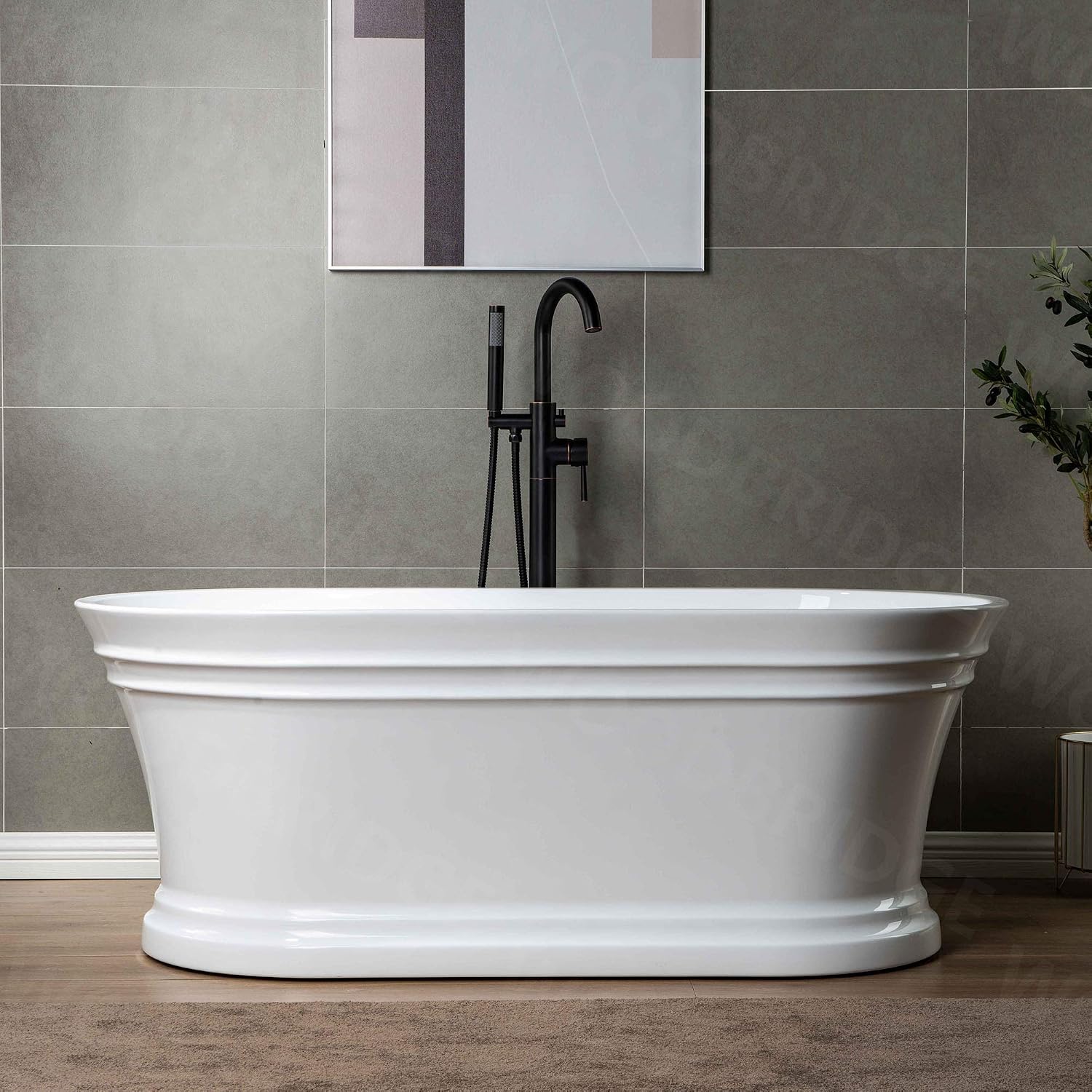 WOODBRIDGE 59'Freestanding White Acylic Soaking Bathtub with White Pillow,Drain and Overflow inORB,BTA1536 -ORB-Drain &O+ Pillow