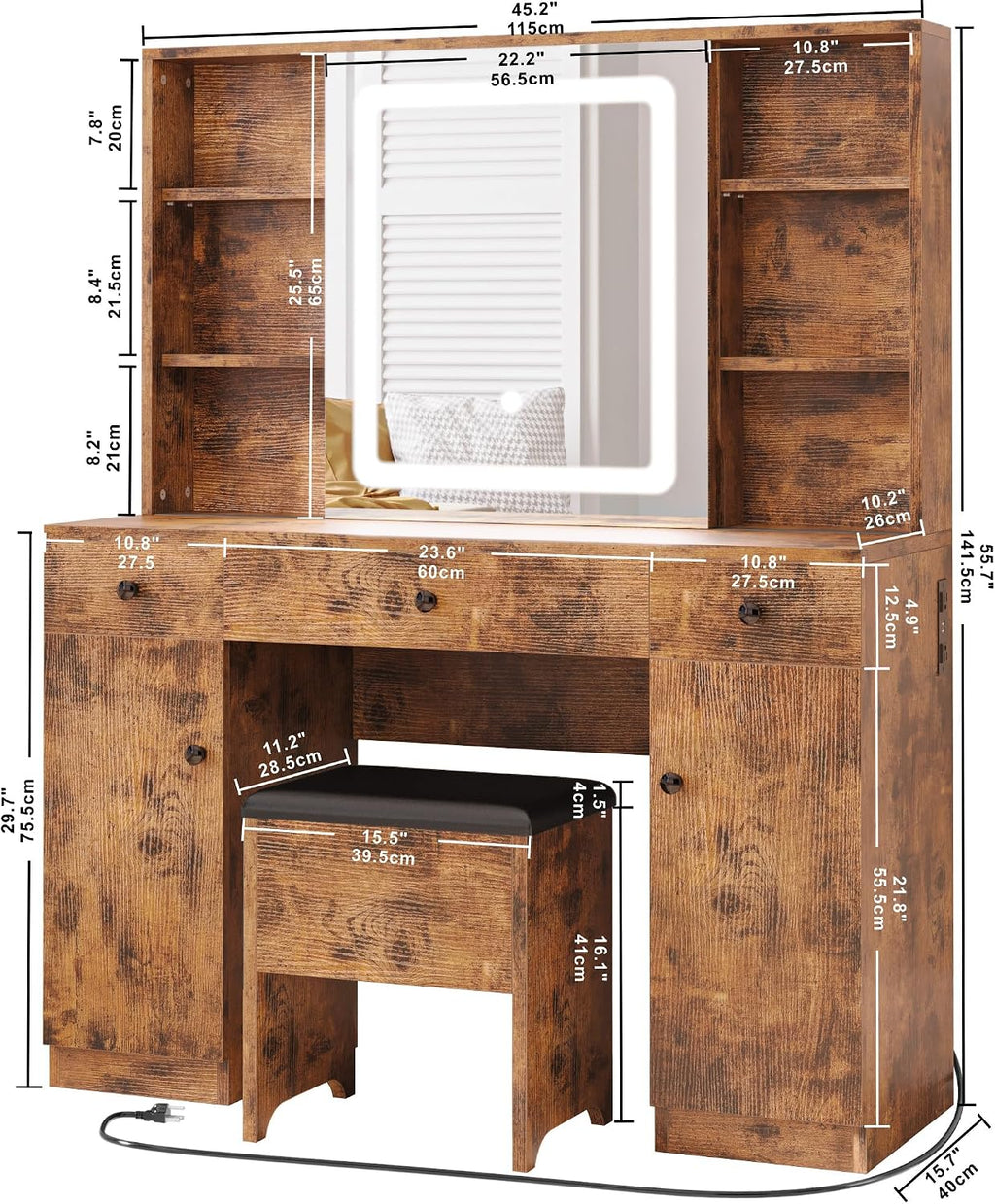 IRONCK Vanity Desk Set with Large LED Lighted Mirror & Power Outlet, 7 Drawers Vanities Dressing Makeup Table with Storage Bench, for Bedroom, Industrial Style Vintage Brown