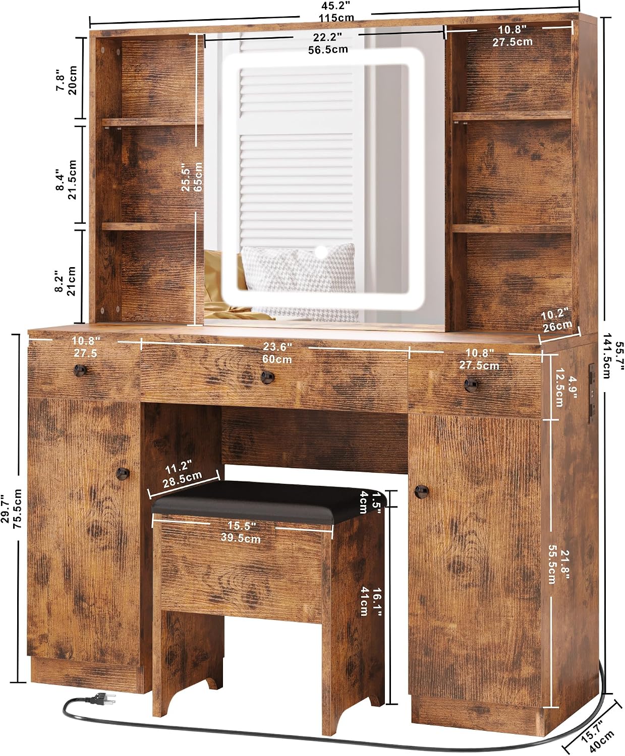 IRONCK Vanity Desk Set with Large LED Lighted Mirror & Power Outlet, 7 Drawers Vanities Dressing Makeup Table with Storage Bench, for Bedroom, Industrial Style Vintage Brown