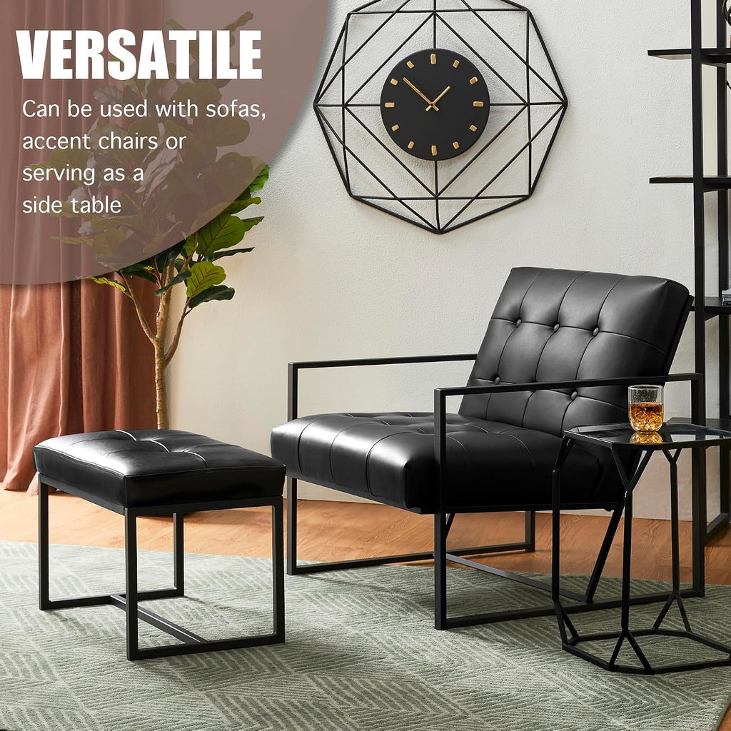 Glitzhome Ottoman Bench Pack of 2, Modern PU Leather Vanity Stools Chairs with Metal Frame, Makeup Stool Padded Foot Rest Stool for Living Room Vanity, Entryway, Bathroom, Black