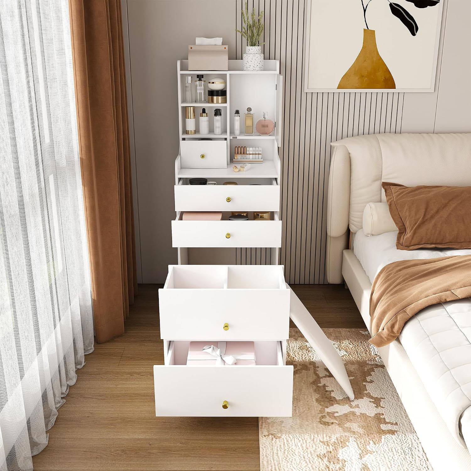 3-in-1 Vanity Desk with LED Mirror and Lights, Compact Makeup Vanity Table with 4 Drawers, Storage Cabinet, Hidden Stool & Shelves for Bedroom, White