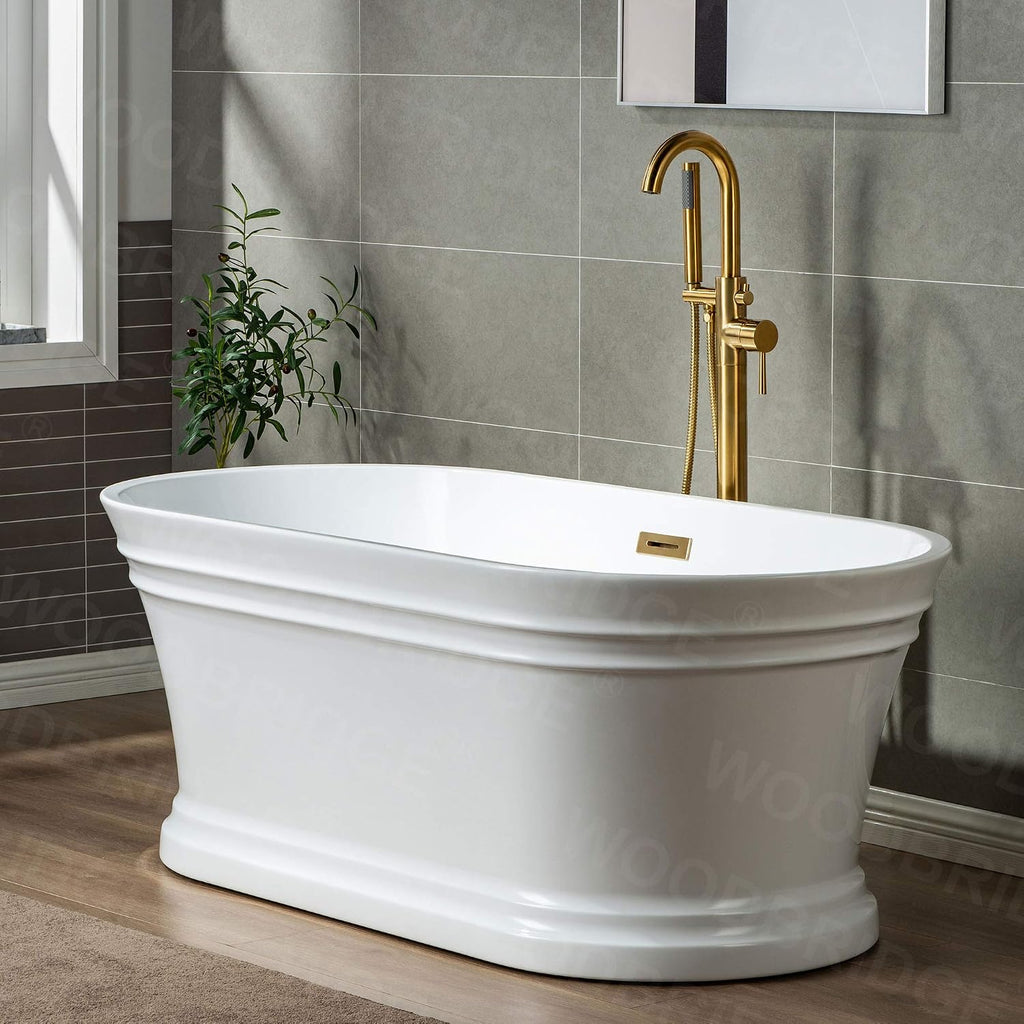WOODBRIDGE 59'Freestanding White Acylic Soaking Bathtub with White Pillow,Drain and Overflow inBrushed Gold,BTA1536 -BG-Drain &O+ Pillow