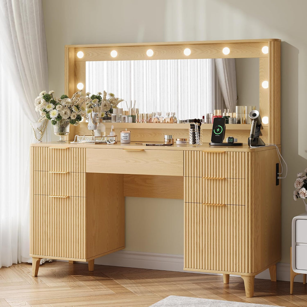 Fluted Makeup Vanity Desk with Large 39.3' Mirror and Lights, 48.8' Wood Vanity, Large Vanity Dressing Table, Modern Wooden Vanity Table for Women and Girls, Bedroom or Dorm (Nature)