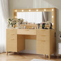 Fluted Makeup Vanity Desk with Large 39.3' Mirror and Lights, 48.8' Wood Vanity, Large Vanity Dressing Table, Modern Wooden Vanity Table for Women and Girls, Bedroom or Dorm (Nature)