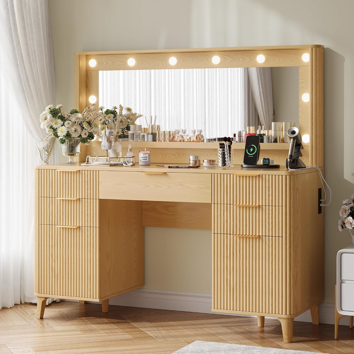 Fluted Makeup Vanity Desk with Large 39.3' Mirror and Lights, 48.8' Wood Vanity, Large Vanity Dressing Table, Modern Wooden Vanity Table for Women and Girls, Bedroom or Dorm (Nature)
