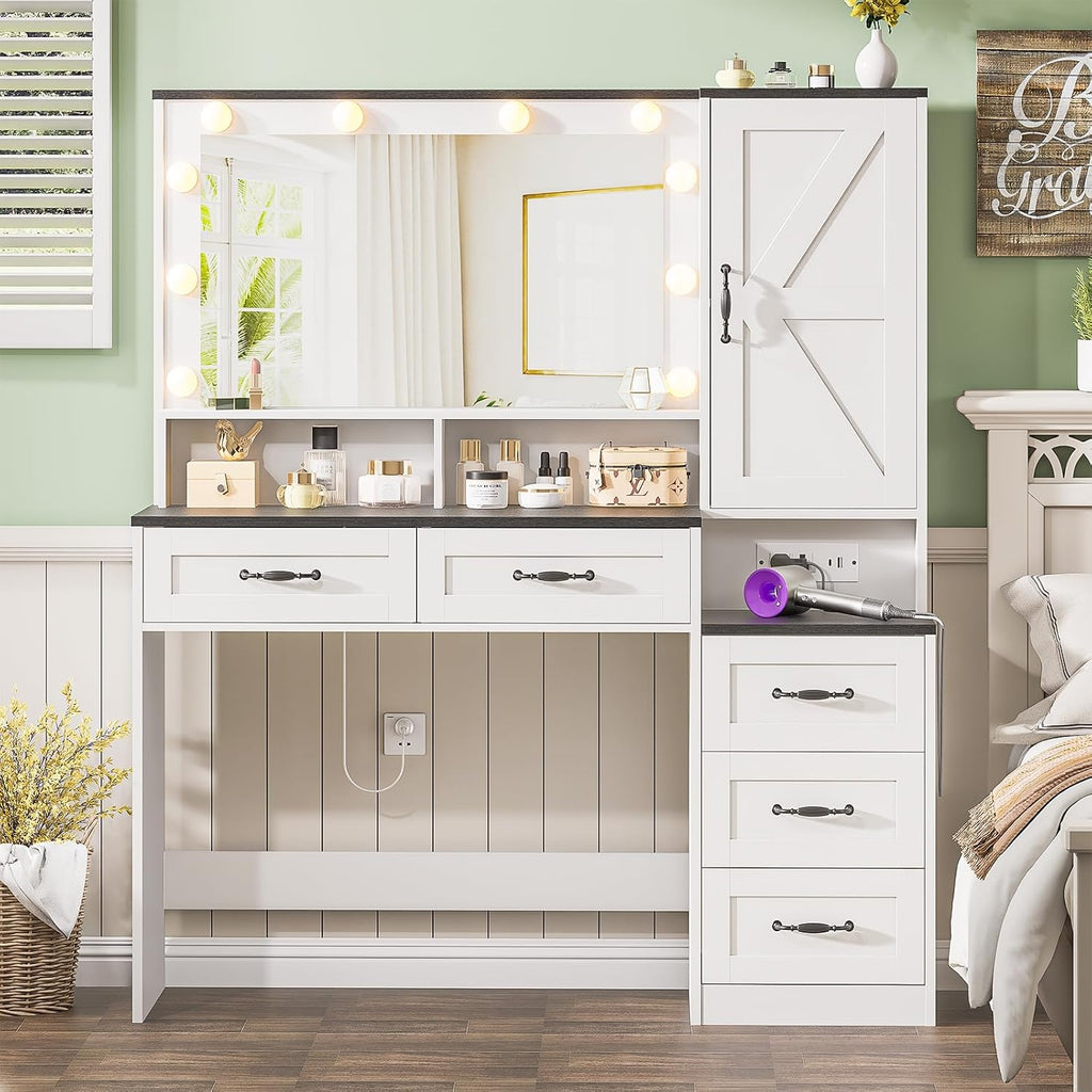 Farmhouse Vanity Desk Makeup Table with Mirror and 10 Lights, 45.3' Large Vanity Desk with Power Outlet, 5 Drawers, 1 Cabinet & 9 Jewelry Hooks, Dressing Table for Women Girls White & Black