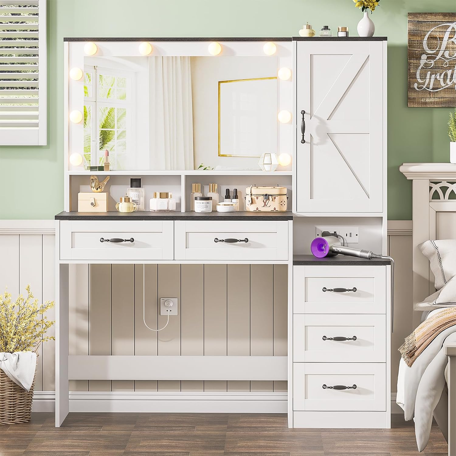 Farmhouse Vanity Desk Makeup Table with Mirror and 10 Lights, 45.3' Large Vanity Desk with Power Outlet, 5 Drawers, 1 Cabinet & 9 Jewelry Hooks, Dressing Table for Women Girls White & Black