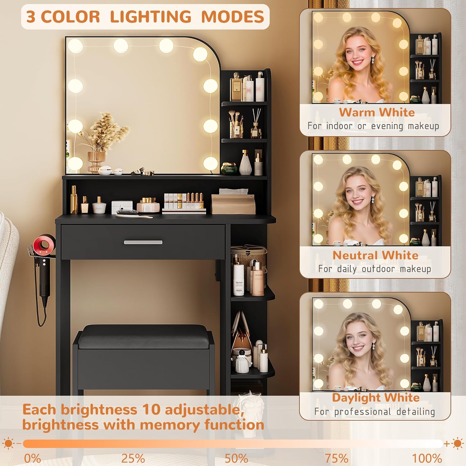 wanan Makeup Vanity with Chair, Small Vanity Desk with Mirror and Lights 3 Colors, Girls Vanity Set with Power Outlet, Compact Vanity Table for Small Space, Black