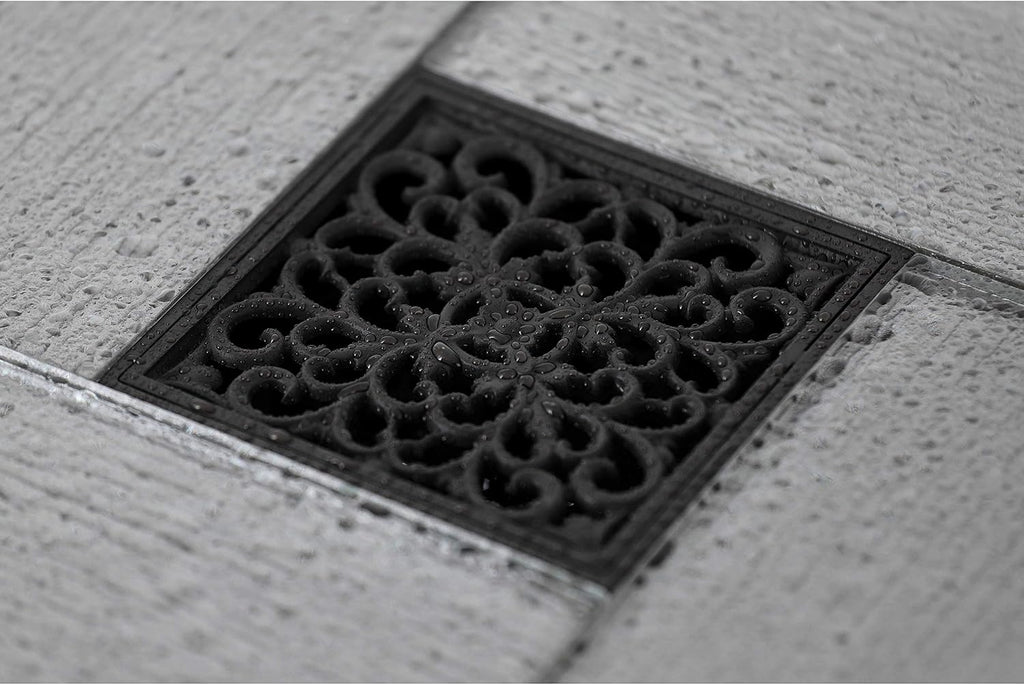 Scroll 4' Brass Square Grid Shower Drain with Hair Strainer, Oil Rubbed Bronze
