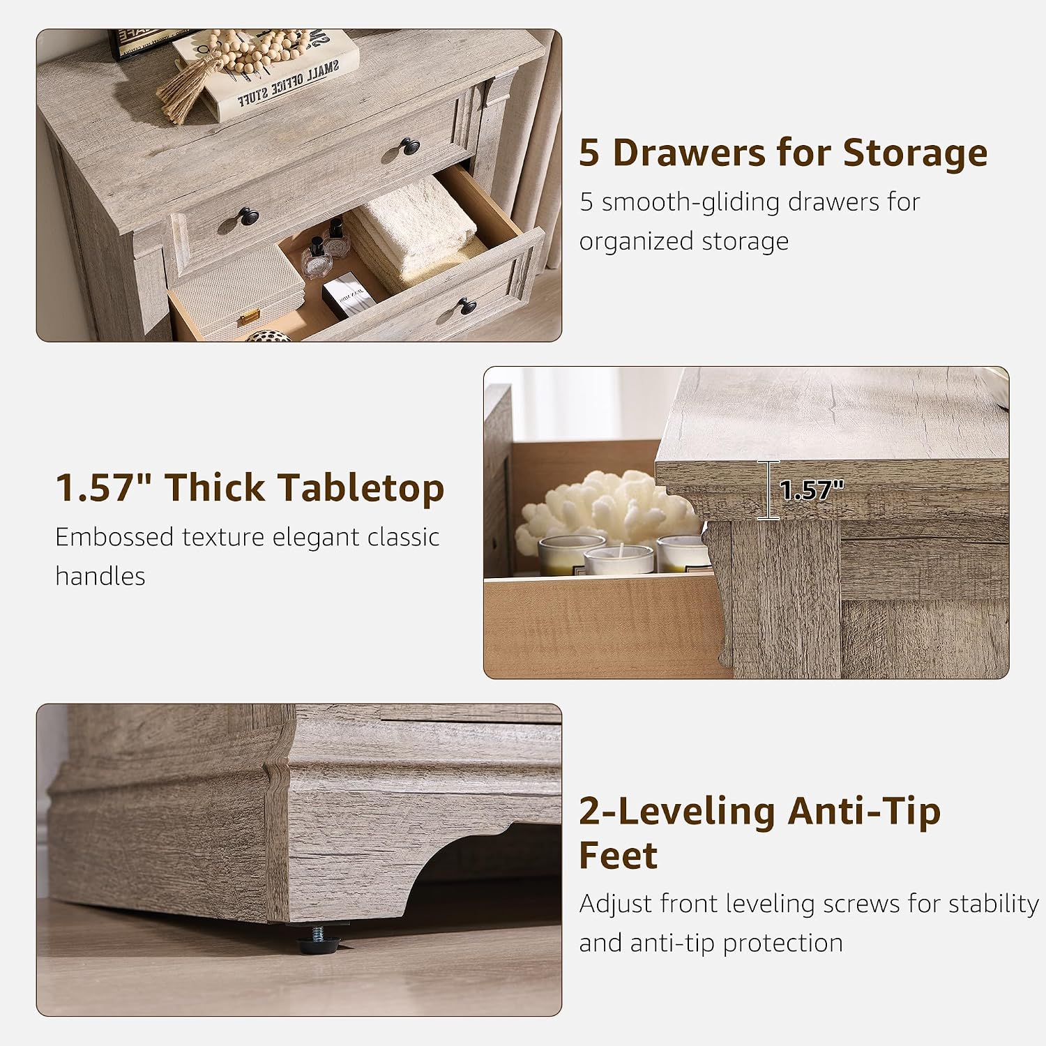T4TREAM Farmhouse 5 Drawers Dresser for Bedroom, 47' Tall Wood Rustic Chest of Drawers, Vintage Design with Metal Handle, Light Rustic Oak