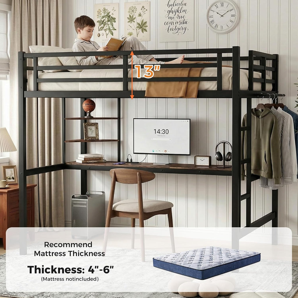 Twin XL Size Metal Loft Bed with Desk, LED Lights & USB Charging Station, Sturdy Noise-Free High Loft Bed Frame with Safety Guardrails, Space-Saving Loft Bedframe for Kids, Teens, Black (Twin XL)