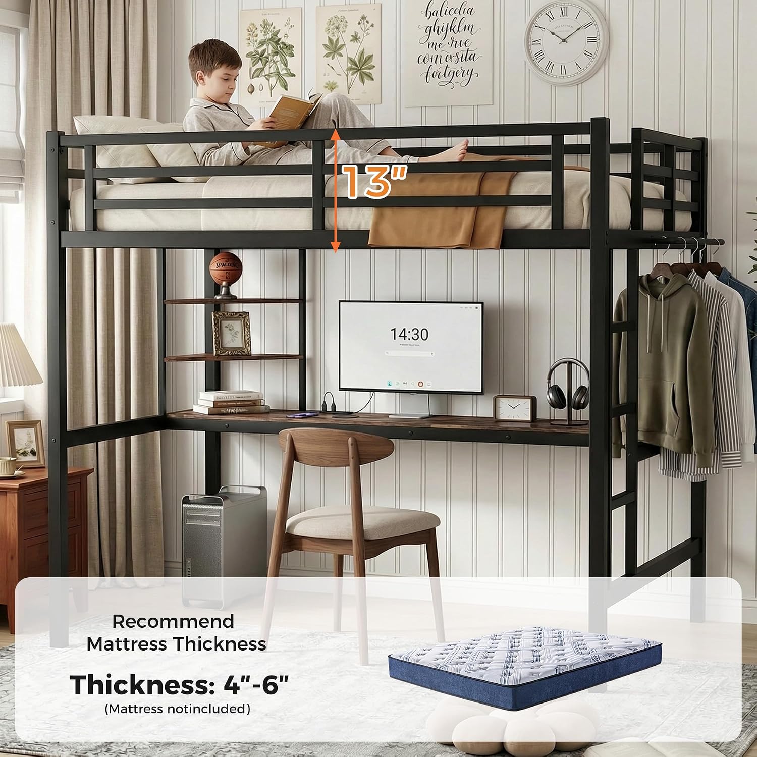 Twin XL Size Metal Loft Bed with Desk, LED Lights & USB Charging Station, Sturdy Noise-Free High Loft Bed Frame with Safety Guardrails, Space-Saving Loft Bedframe for Kids, Teens, Black (Twin XL)