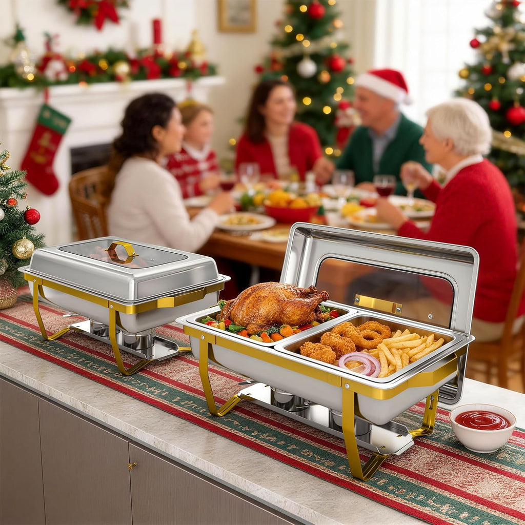 Chafing Dishes for Buffet, 2-Pack Hot Cold Food Warmer with Glass Lid, 9QT Large Capacity Stainless Steel Buffet Servers, Complete Set with Utensils for Catering Party Wedding Outdoor