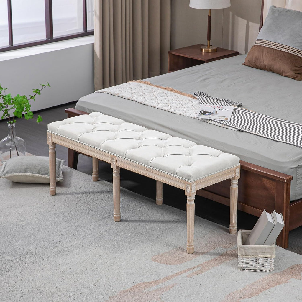 HOMCOM Bedroom End of Bed Bench, 46' Upholstered Entryway Bench with Button Tufted, Thick Padding and Wood Legs, French Vintage Style Linen-Feel Ottoman Bench for Hallway, Living Room, Cream White