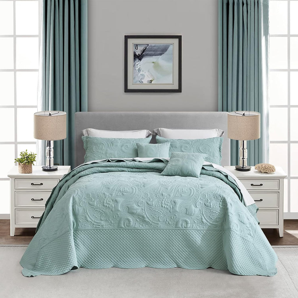 Oversized King Bedspread, Paisley Pattern Design, Lightweight Bedding Cover, Reversible, 5 Piece, 100% Microfiber, Seaglass