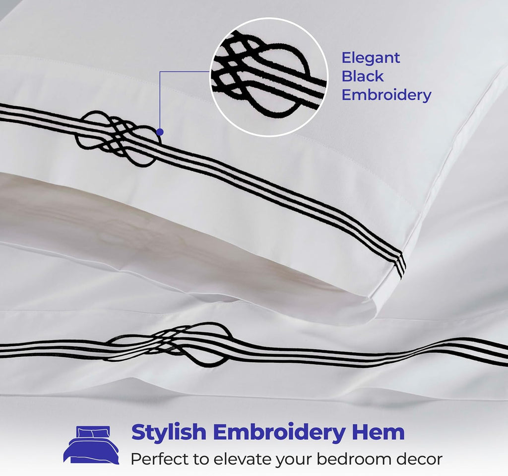 Superior Embroidered Cotton Bed Sheet Set, 1 Elastic Deep Pocket Fitted Sheet, 1 Flat Sheet, 2 Pillowcases, Daily Soft Sheets, Luxury, Elegant Design, Moonlawn Collection, King Size, White/Black