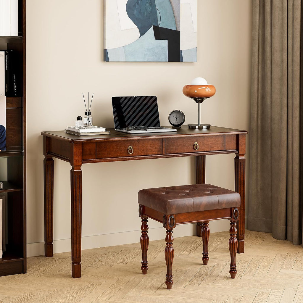Solid Wood Makeup Vanity Table Set, 46.1' Large Dressing Vanity Table with 2 Drawers and Vanity Bench Stool Writing Desk with Solid Wood Legs & Button Tufted Cushioned Stool, Cherry&Brown