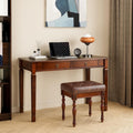Solid Wood Makeup Vanity Table Set, 46.1' Large Dressing Vanity Table with 2 Drawers and Vanity Bench Stool Writing Desk with Solid Wood Legs & Button Tufted Cushioned Stool, Cherry&Brown