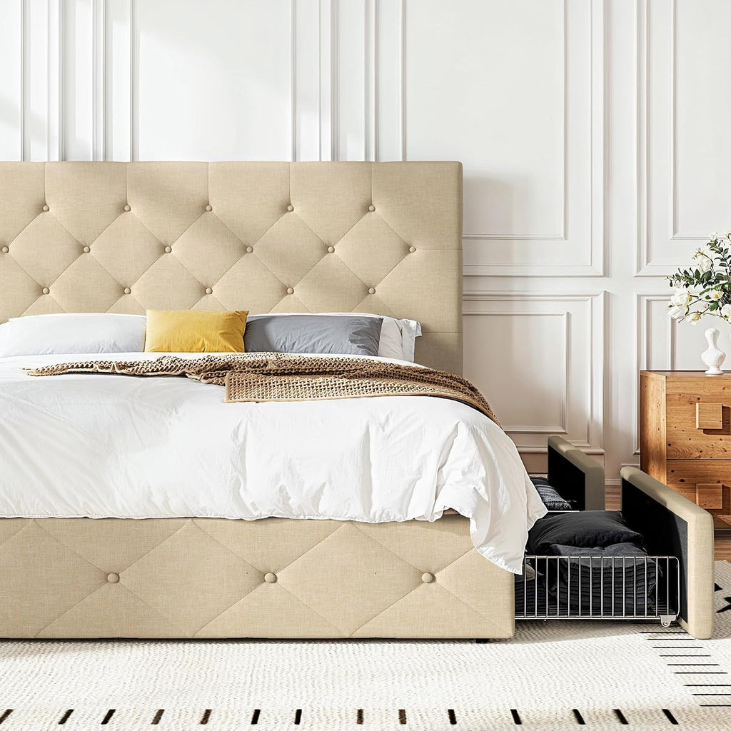 HOOMIC King Platform Storage Bed Frame with 4 Drawers & Adjustable Headboard, Wooden Slats, No Box Spring Needed,Diamond Stitched Button Tufted Design,Beige