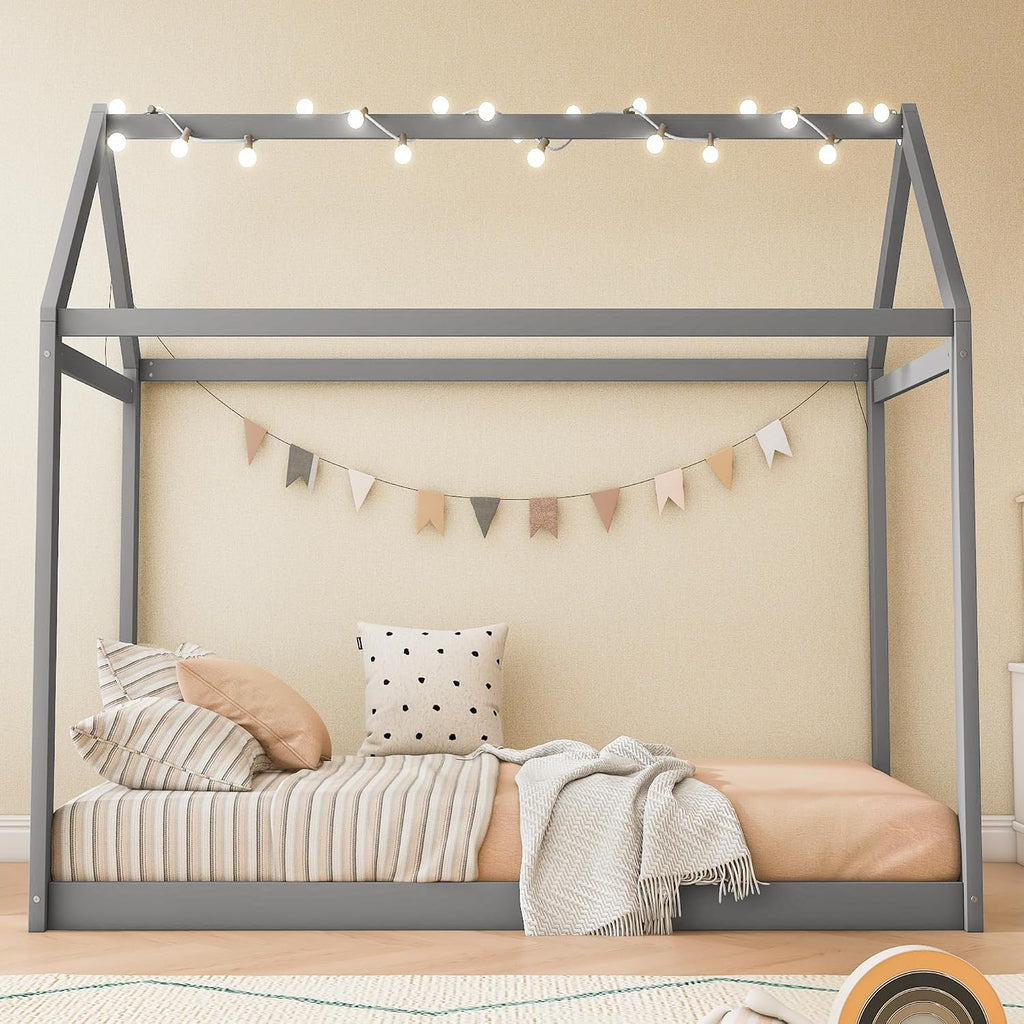 Merax Wood House Bed,Floor Bed with Light and Wood Slats,No Box Spring Needed,Twin Size, Grey