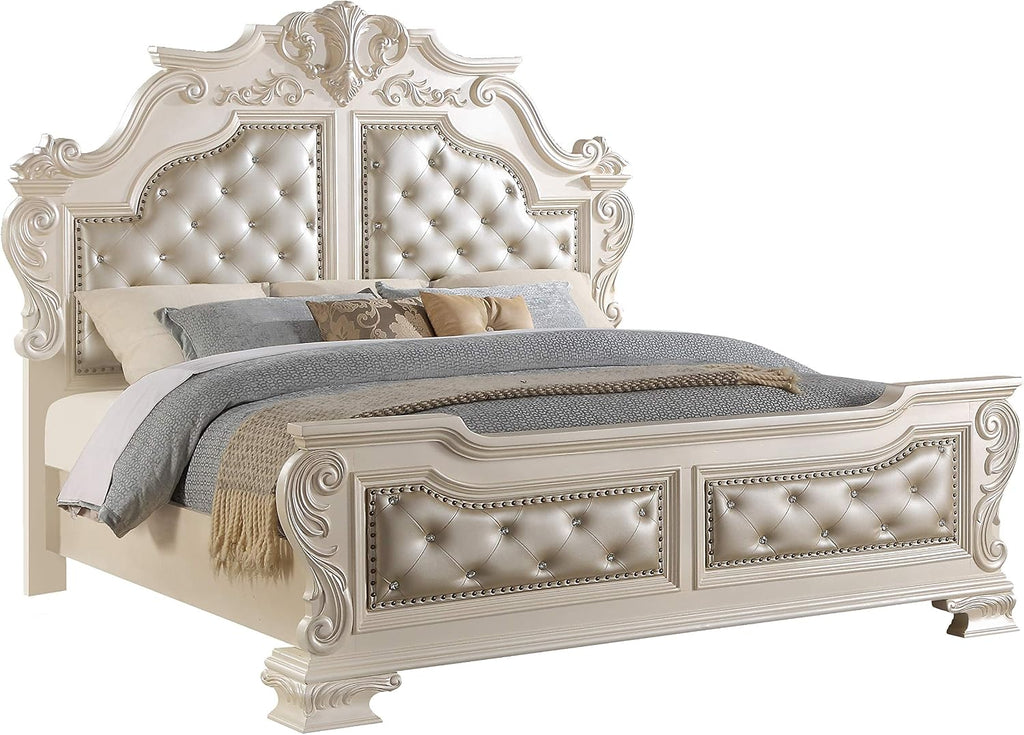 First of a Kind Victoria Off White Traditional 4 Piece Queen Bedroom Set with Upholstered Tufted Headboard Elegant European Inspired Design Coordinated Furniture Collection