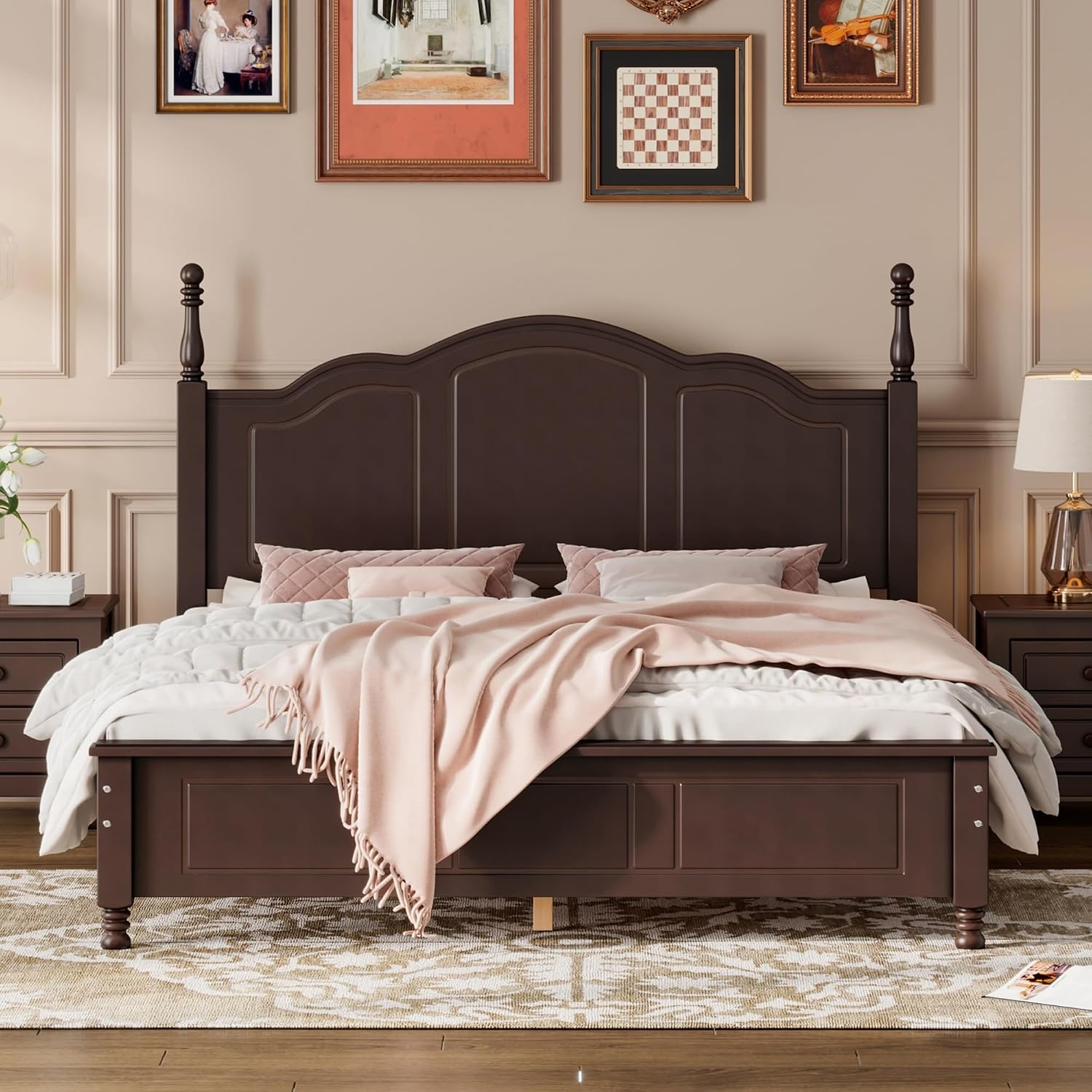 Harper & Bright Designs Queen Size Platform Bed Frame with Headboard, Mid Century Modern Bed Frame with Underbed Storage for Kids, Teens, Adults, Classic Vintage Design, Dark Walnut