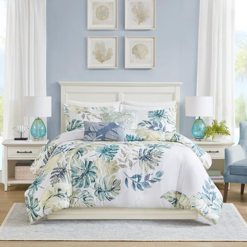 Harbor House 100% Cotton Duvet Cover, Coastal, Beach Cottage Design, All Season, Breathable Comforter Cover Tropical Bedding, Matching Shams, Lorelai Monstera Leaf Green Full/Queen (90'x90') 5 Piece
