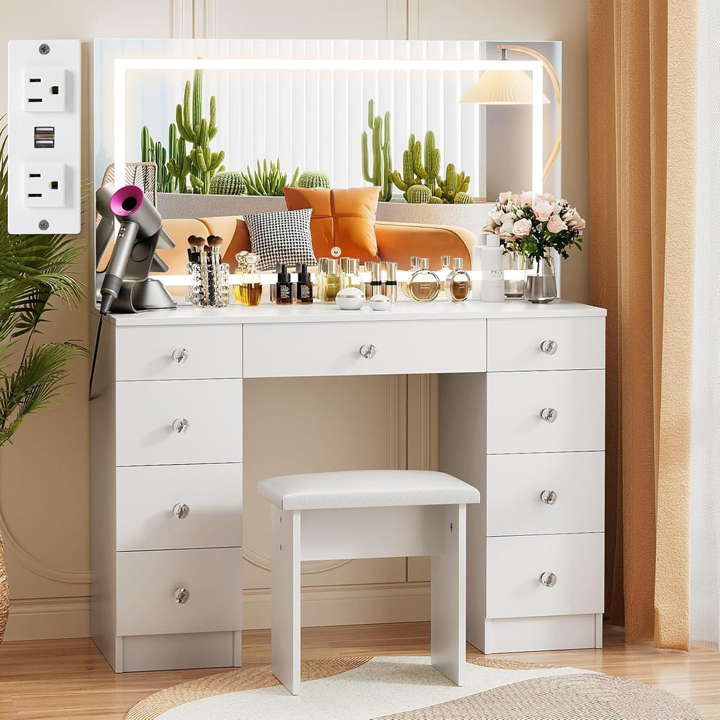 VOWNER Vanity With Lighted Mirror - Makeup Desk With Power Outlet and 9 Drawers, 3 Color Lighting Modes Adjustable Brightness, 43' Table With Soft Cushioned Stool for Bedroom, White