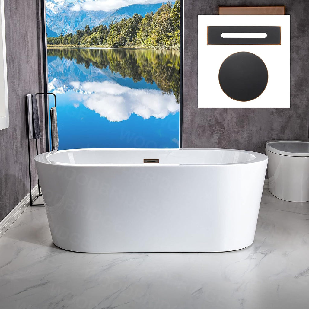 WOODBRIDGE 59' Acrylic Freestanding Bathtub Contemporary Soaking White Tub with Oil Rubbed Bronze Overflow and Drain, B0012-ORB-Drain &O