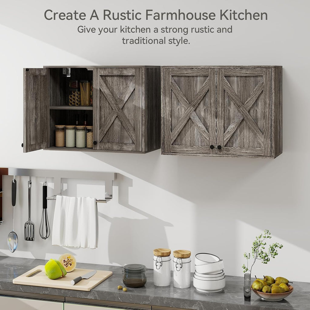 YOURLITE Laundry Cabinet, Medicine Cabinet, Bathroom Kitchen Storage Wall Mounted Farmhouse Organizer with Shelves Over Toilet, One Set of 2 Pieces X 24', Grey