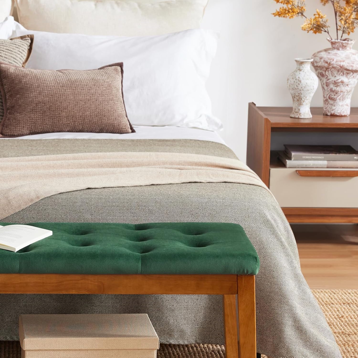 Ottoman Bench Upholstered Padded Seat with Solid Wood Legs and Button-Tufted, Big Oversized Ottoman, Velvet Green