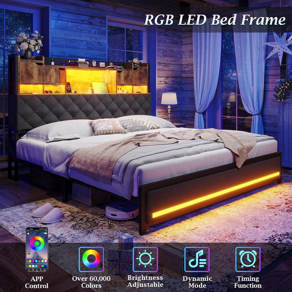 BYSAUD King Size Bed Frame, King Bed Frame with Storage Headboard, Upholstered Platform Bed Frame with LED Lights and Charging Station, Noise Free, Heavy Duty Metal Slats, Easy Assembly, Gray