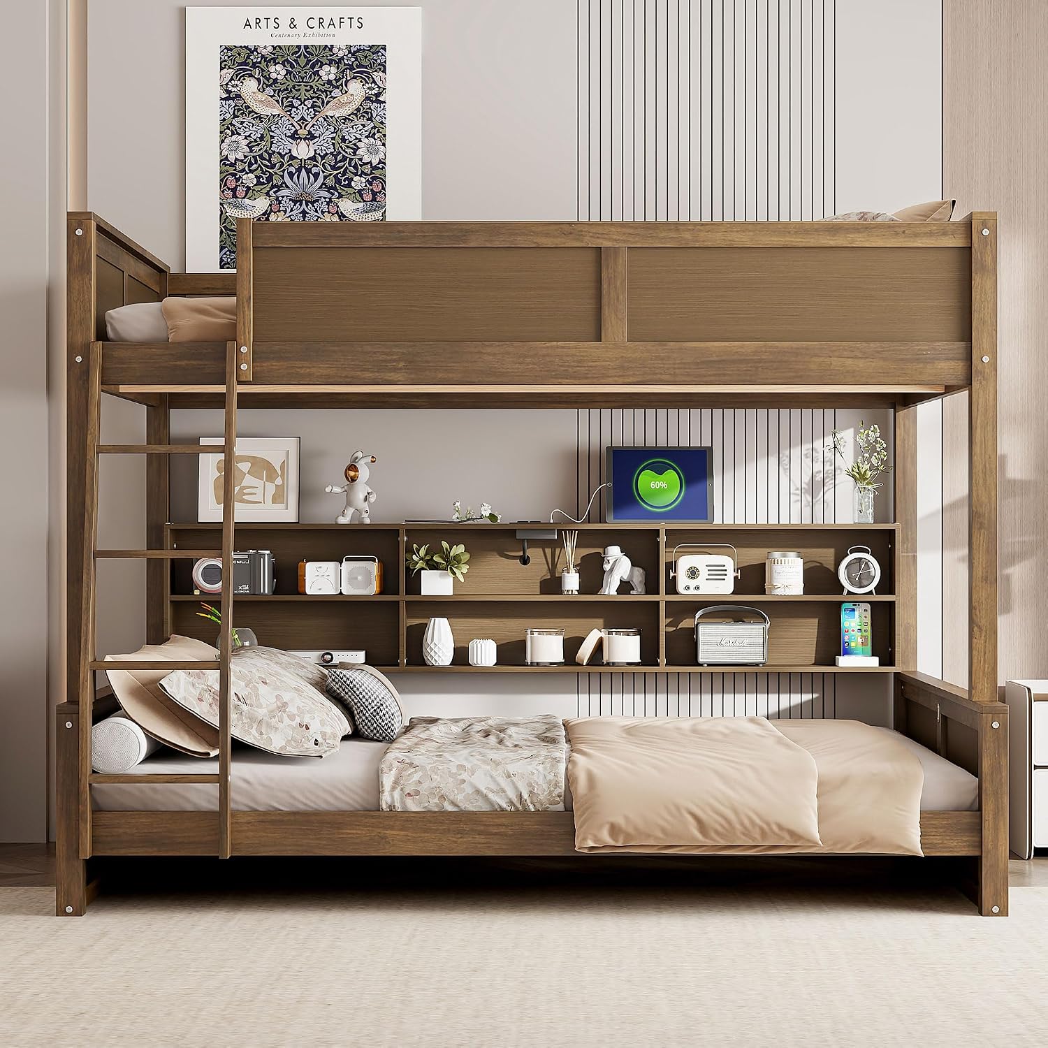Full XL Over Queen Bunk Bed with Storage Cabinets and USB Ports, Solid Pine Wood Frame, Safety Guard Rails, No Box Spring Needed (Wood2, Full XL Over Queen)