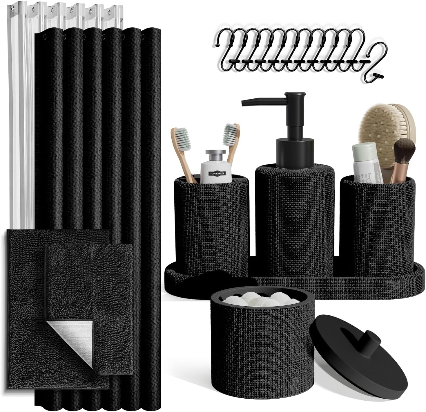 Hearth & Harbor Black Bathroom Set - Bathroom Sets with Shower Curtain and Rugs, 21PC Bathroom Accessory Set, Shower Curtain Set with Soap Dispenser & Toothbrush Holder