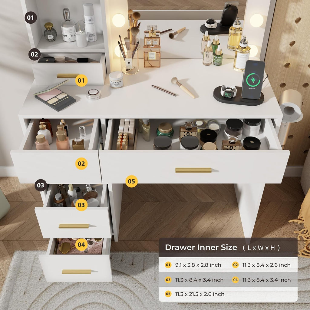 Otterease Vanity Desk with LED Lighted Mirror&Power Outlet, 3 Lighting Colors Makeup Vanity Desk with 5 Large Drawers and 3 Storage Shelves, White Vanity with Storage Stool for Bedroom