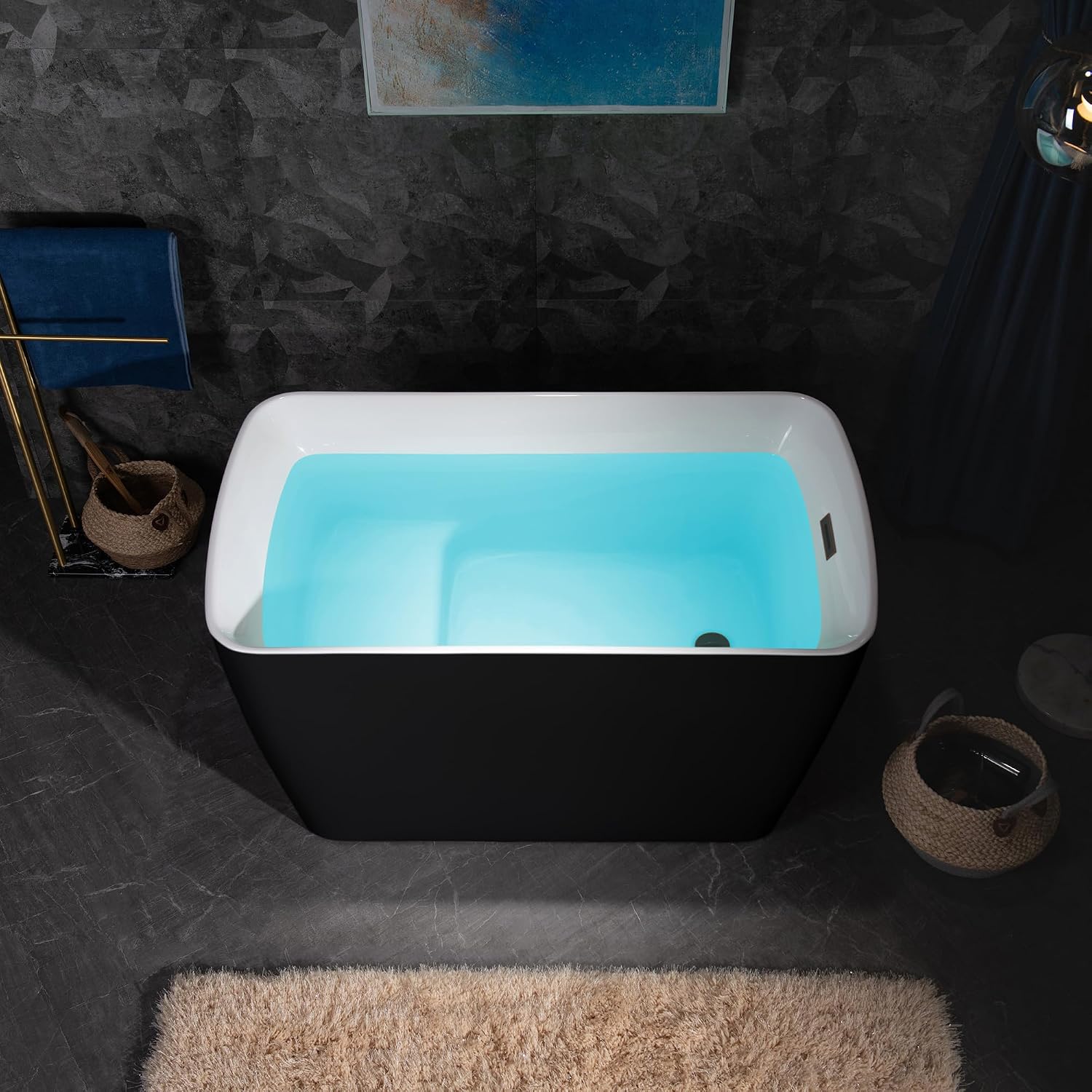 WOODBRIDGE 48' Acrylic Freestanding Square Shape Janpanese Soaking Tub with Pre-molded Seat and Oil-Rubbed Bronze Pop-UP Drain and Overflow Option, Black, B1870-ORB
