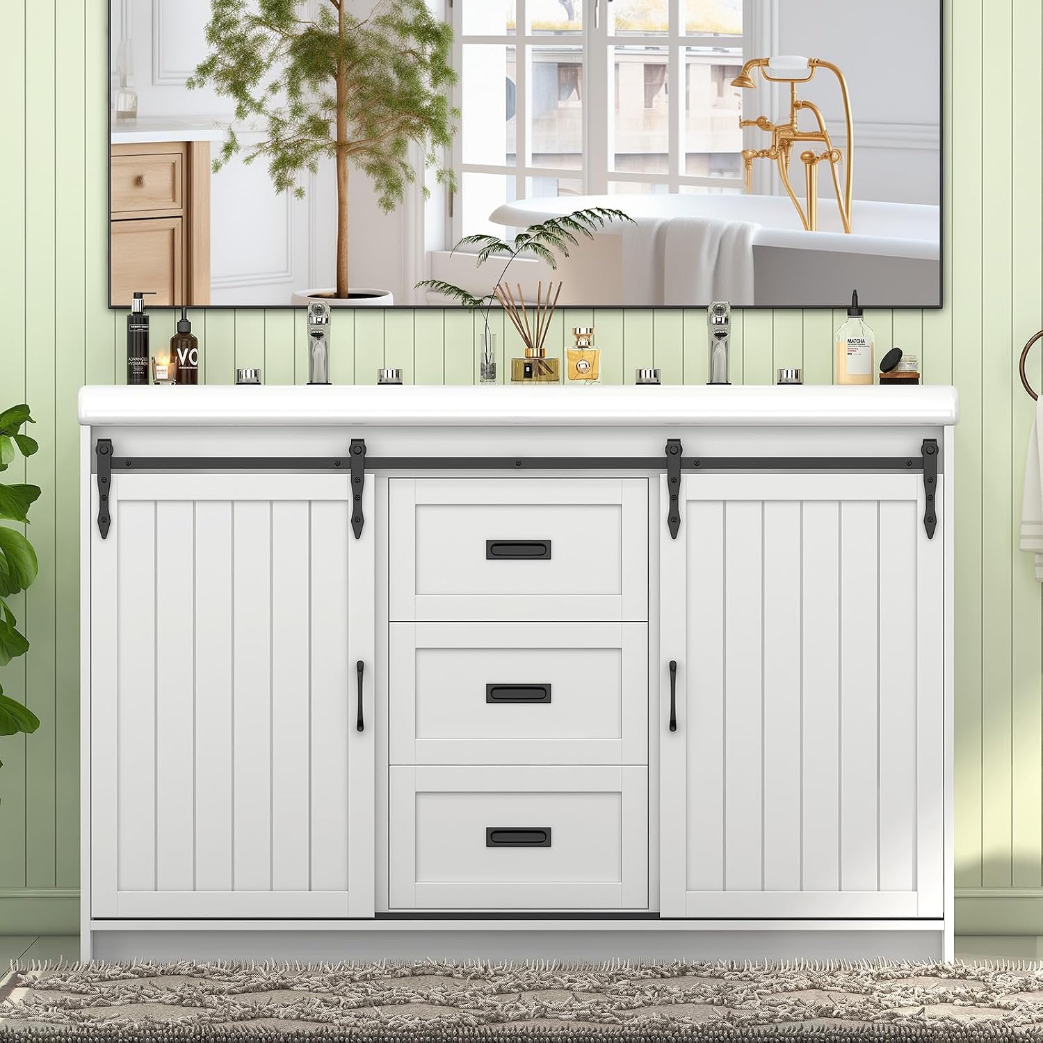 Bathroom Vanity with Double Sinks, 48' Standing Double Vanity with Drawers & Metal Handles, 2 Sink Bathroom Vanity with 4 Shelves, White