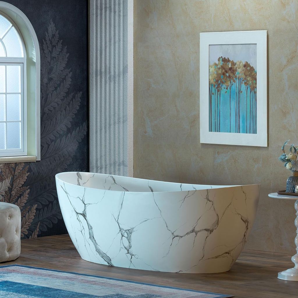 WOODBRIDGE 69' Marble-Pattern Stone Resin Freestanding Soaking Tub, Modern Oval Solid Surface Bathtub with Integrated Slotted Overflow & Drain, Matte Finish, CST0715