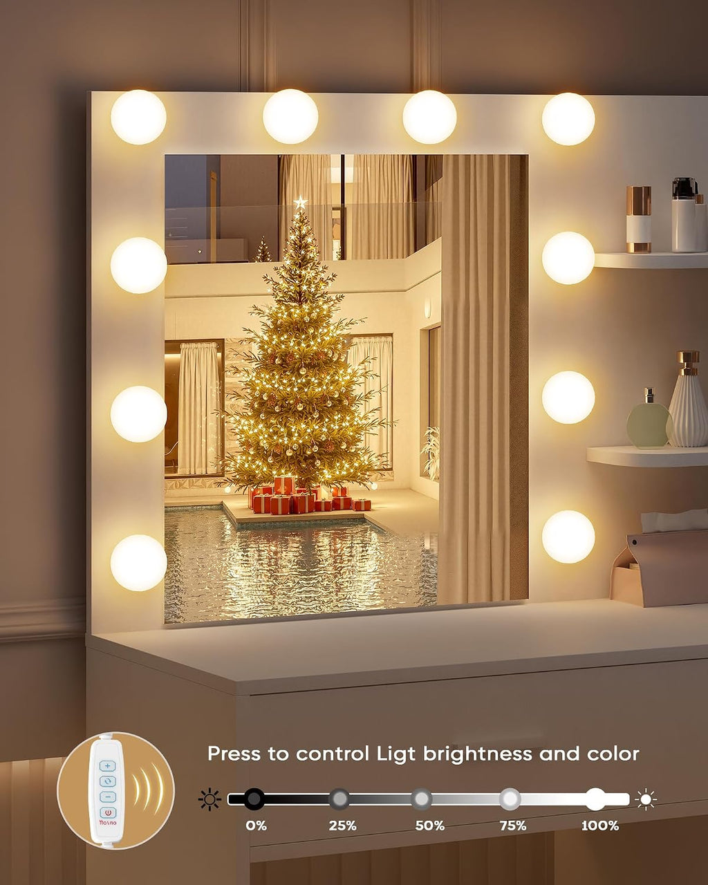 LIVELYGLOW White Makeup Vanity with 10 Hollywood Light Bulbs, 35.4' Wide Dressing Table with Large Mirror & Dimming Function, Small Space Vanity Desk with 2 Drawers, Storage Cabinet & Shelves