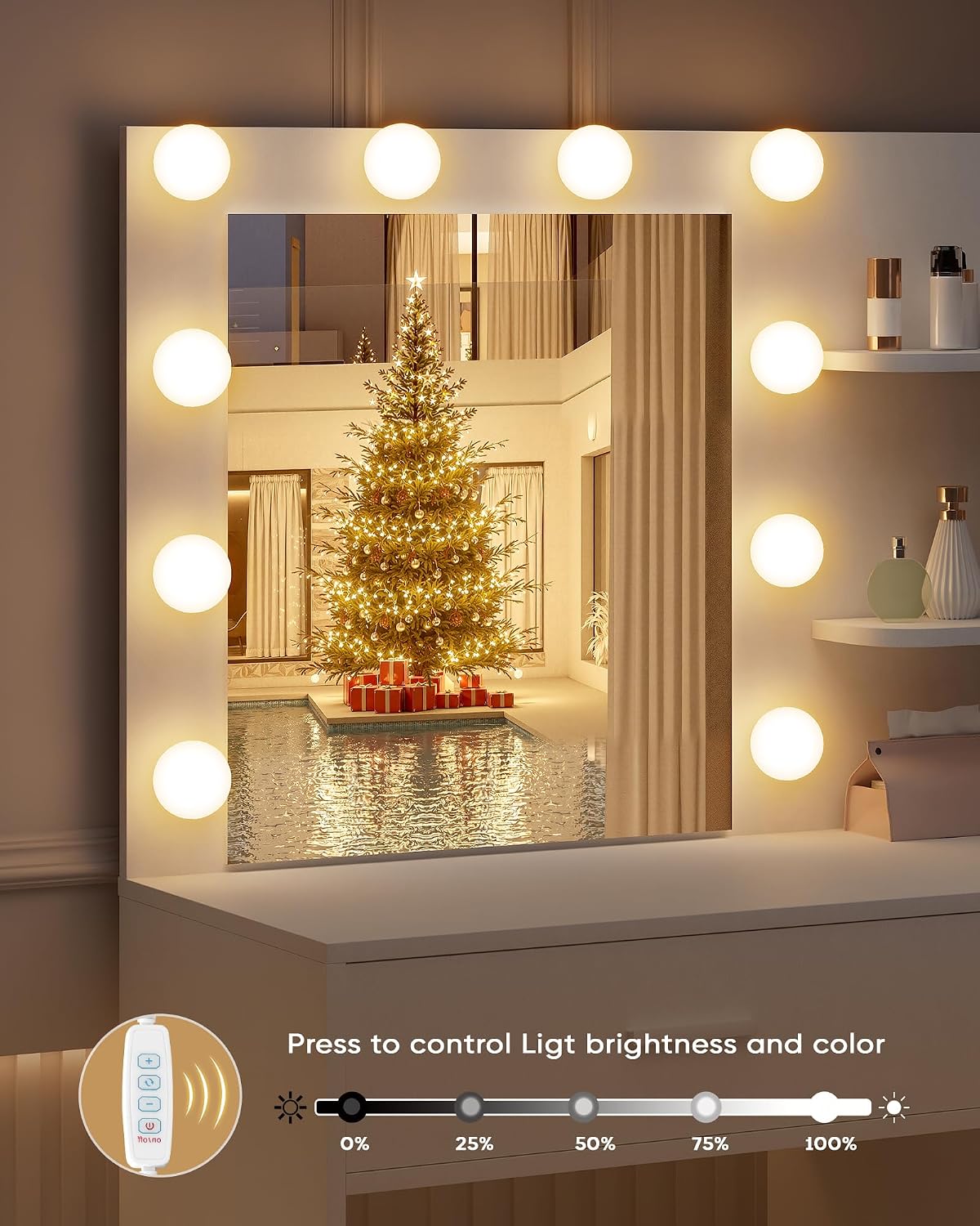 LIVELYGLOW White Makeup Vanity with 10 Hollywood Light Bulbs, 35.4' Wide Dressing Table with Large Mirror & Dimming Function, Small Space Vanity Desk with 2 Drawers, Storage Cabinet & Shelves