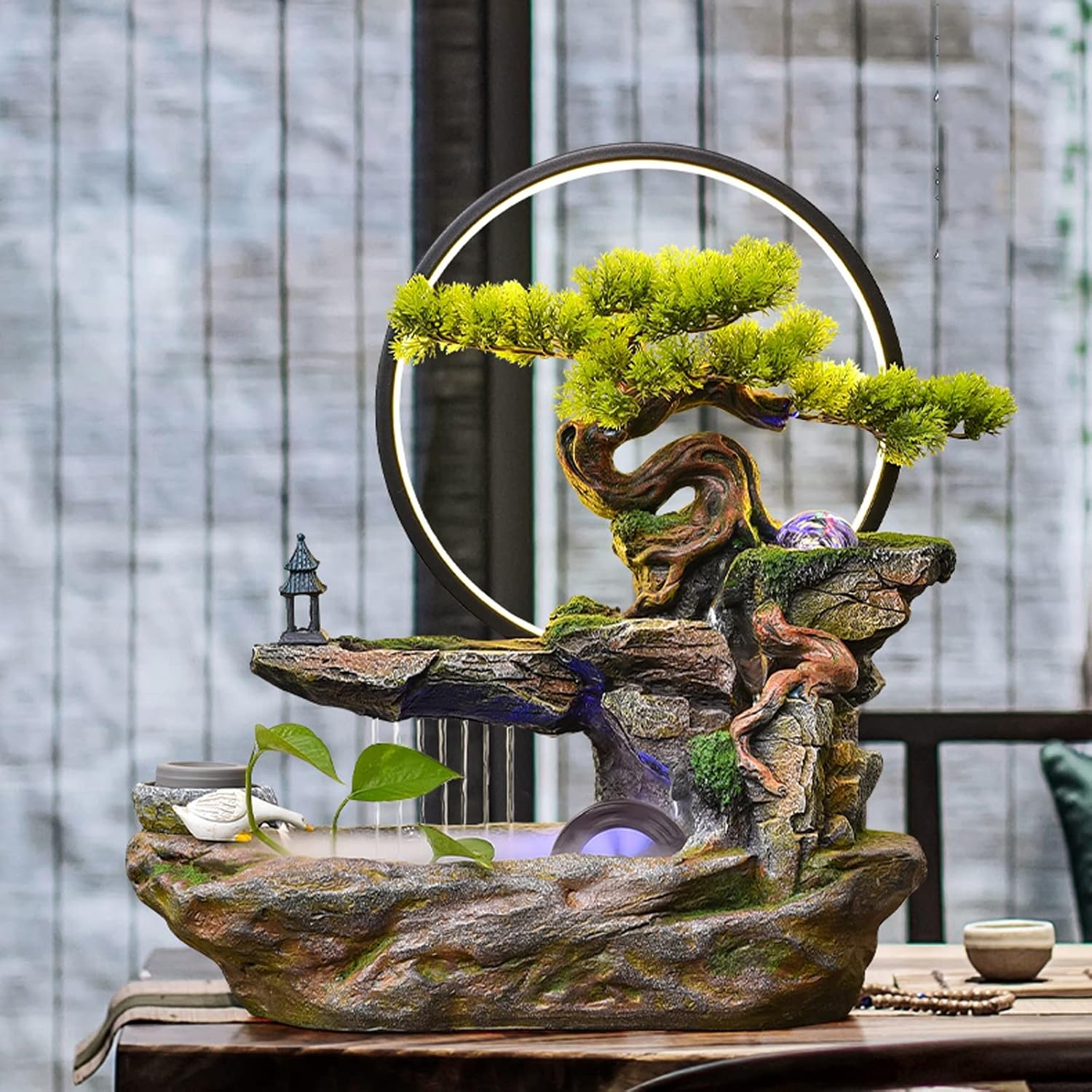 Tabletop Fountain Tabletop Water Fountain Indoor Waterfalls Fountains Decorative with LED Light Artificial Bonsai Tree Design Best Home Gifts for Parents or Friends(Large)