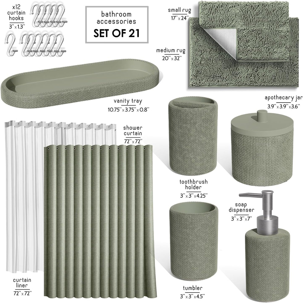Hearth & Harbor Sage Green Bathroom Set - Bathroom Sets with Shower Curtain and Rugs, 21PC Bathroom Accessory Set, Shower Curtain Set with Soap Dispenser & Toothbrush Holder