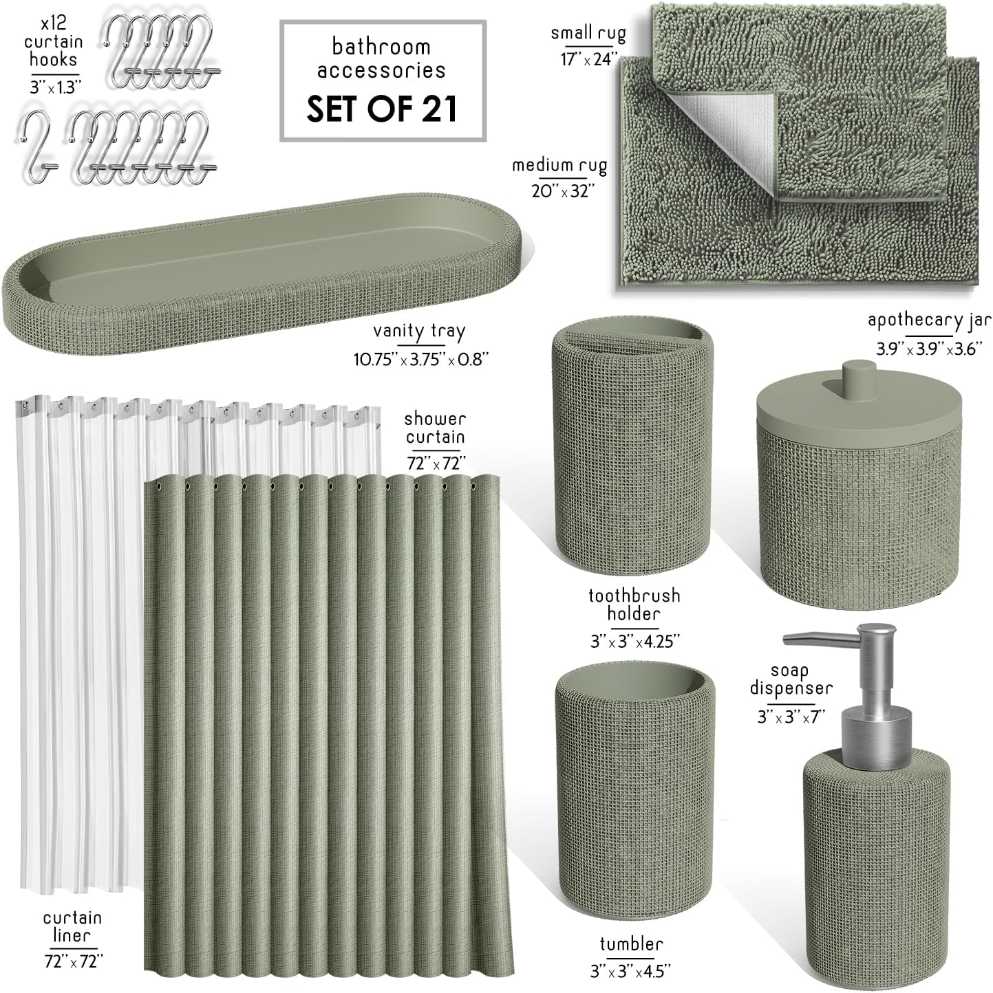 Hearth & Harbor Sage Green Bathroom Set - Bathroom Sets with Shower Curtain and Rugs, 21PC Bathroom Accessory Set, Shower Curtain Set with Soap Dispenser & Toothbrush Holder
