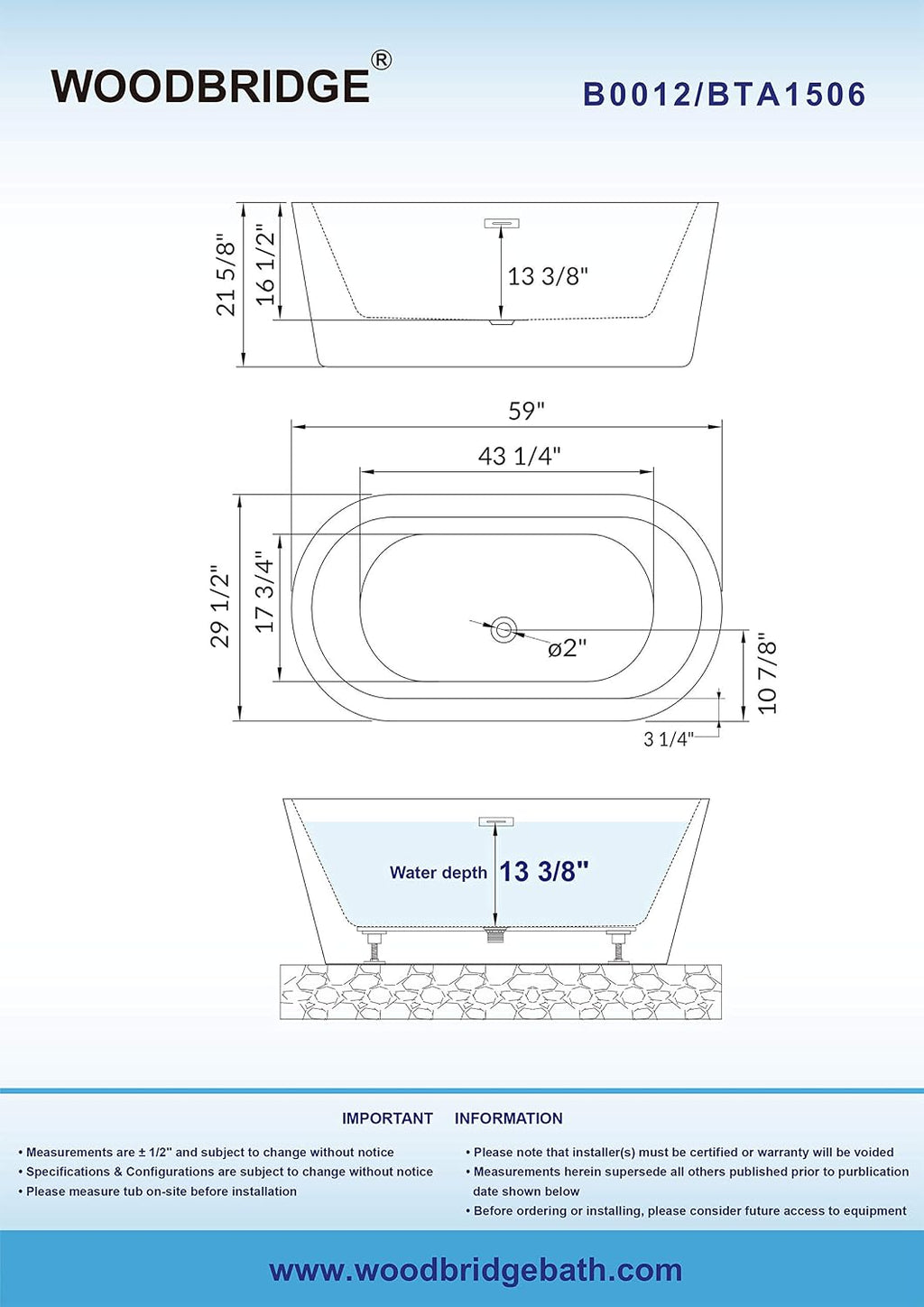 WOODBRIDGE 59' Acrylic Freestanding Bathtub Contemporary Soaking White Tub with Brushed Nickel Overflow and Drain，B0012 -B/N-Drain &O