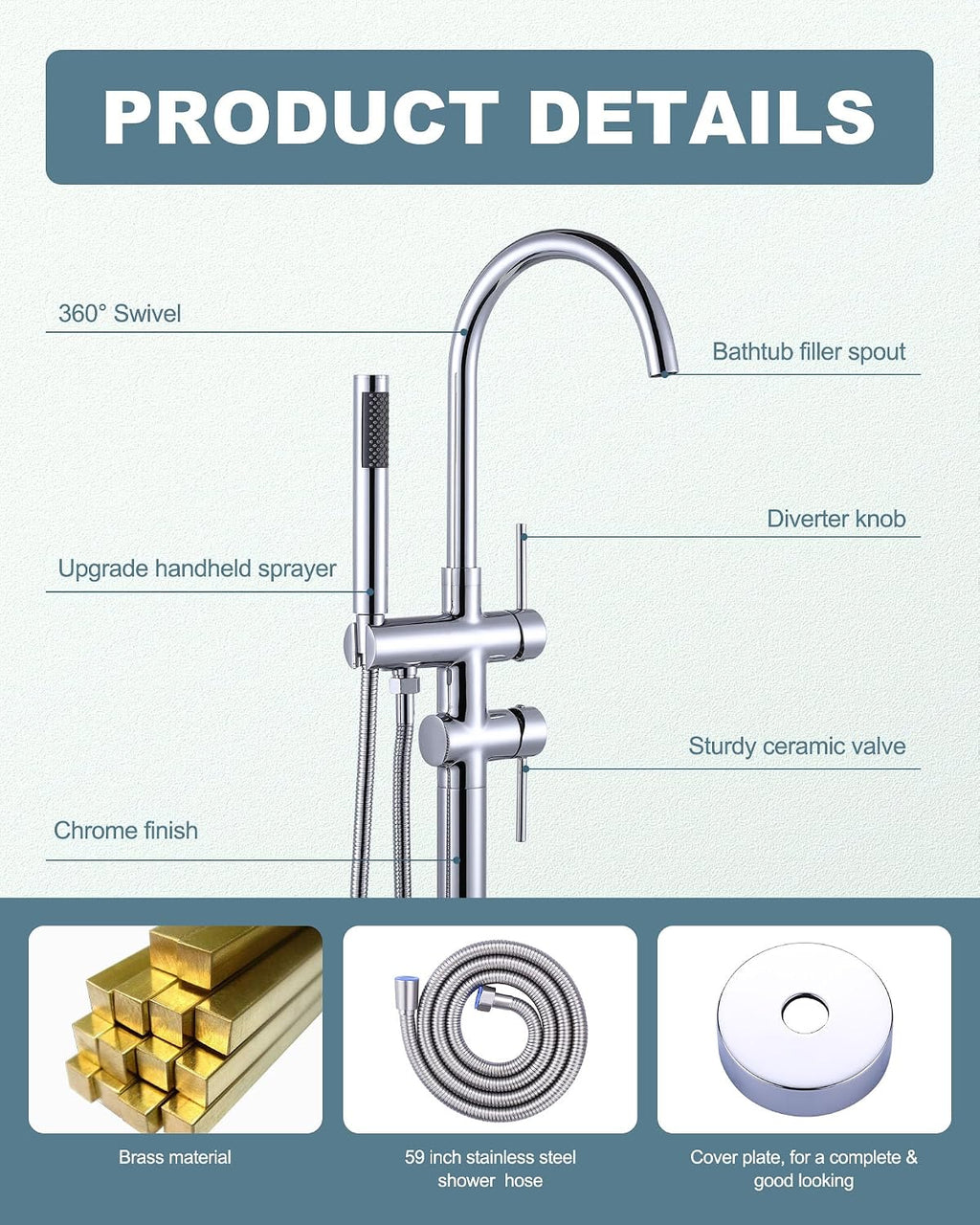 Freestanding Tub Filler Faucet Chrome: High Flow Brass Floor Mount Bathtub Filler, Swivel Gooseneck Spout with Single Handheld Sprayer for Bath Shower