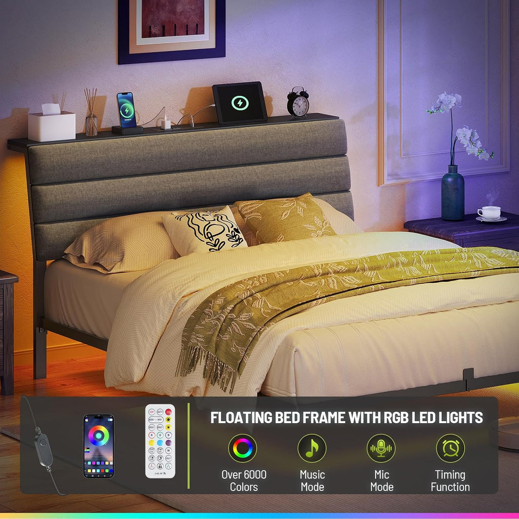 Floating Bed Frame Queen, Platform Bed with LED Lights & Charging Station, Ergonomic Storage Headboard, Heavy Duty Metal Slats, No Box Spring Needed, Easy Assembly, Dark Gray